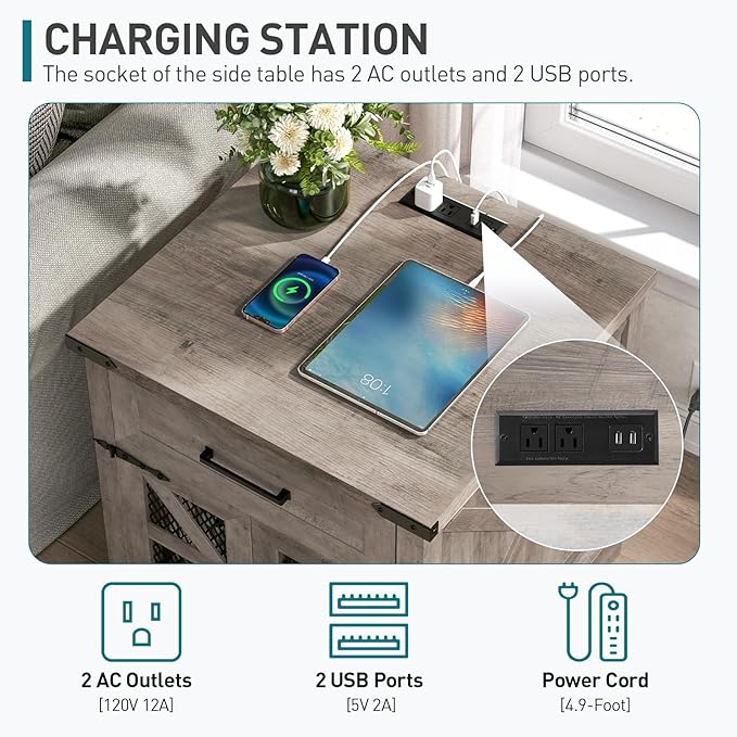 Farmhouse End Table Set of 2, 24" Large Sofa Side Table with Drawer, Large End Table for Living Room, Wooden Nightstand with Charging Station, Square, Greige