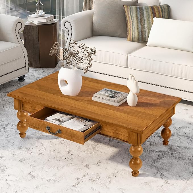 Amposei Retro Wooden Coffee Table 47’’ Vintage Cocktail Center Table with 1 Storage Drawer & Solid Wood Legs for Living Room, No Assembly, Natural