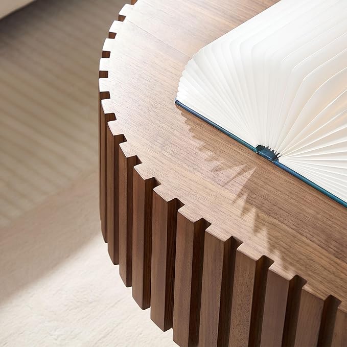 WILLIAMSPACE 43.7" Walnut Oval Coffee Table, Mid Century Modern Luxury Wood Drum Center Table for Living Room, Handcraft Accent Side Table for Apartment, 43.7"*24.8"*13.78"H (Walnut)