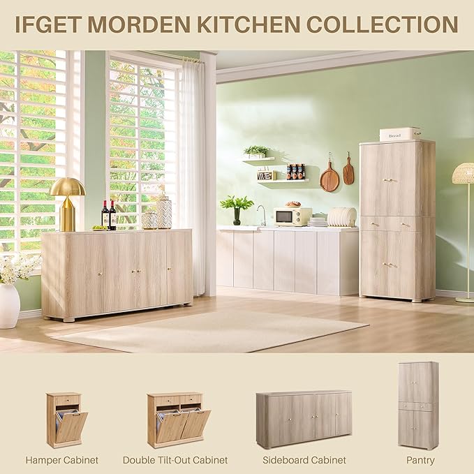 71" Tall Kitchen Pantry, Modern Curved Pantry Storage Cabinet with 4 Doors and 6 Adjustable Shelves, Cupboard for Kitchen, Dining Room, Living Room and Bathroom, Light Grey