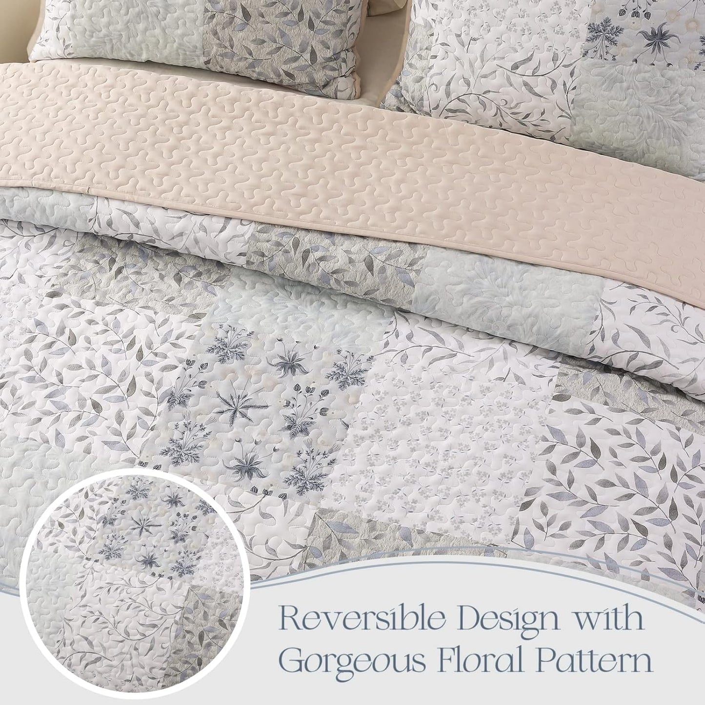 Exclusivo Mezcla Reversible Boho Quilt Set Twin Size, 2 Pieces Patchwork Gray All Season Bedspreads, Ultra Soft Floral Coverlet Bedding Set with Printed Pattern (1 Quilt, 1 Pillow Sham)