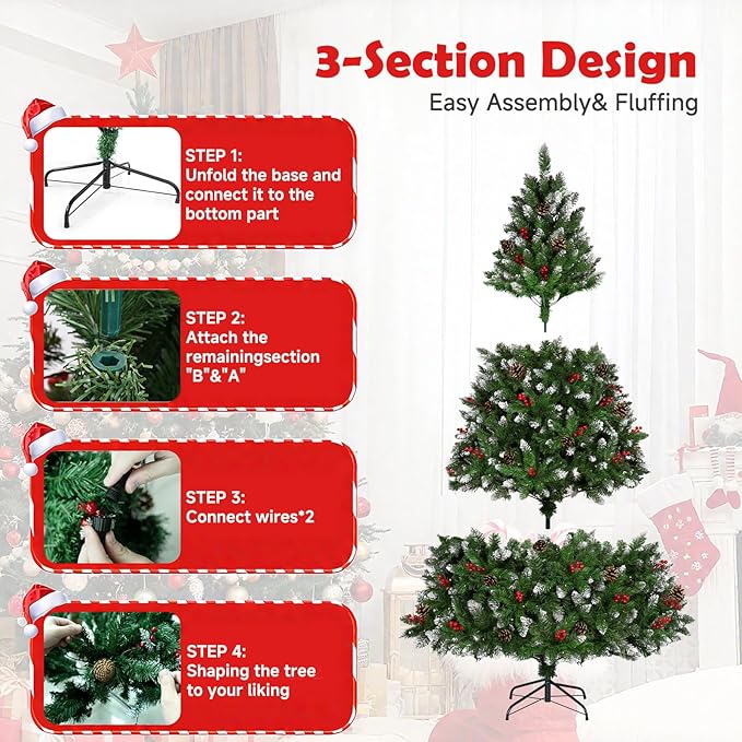 6FT Pre Lit Artificial Christmas Tree with 300 Lights, 847 Branch Tips, 52 Pine Cones, 52 Red Berries & Metal Stand, Remote Xmas Tree for Outdoor Indoor Home Christmas Decorations
