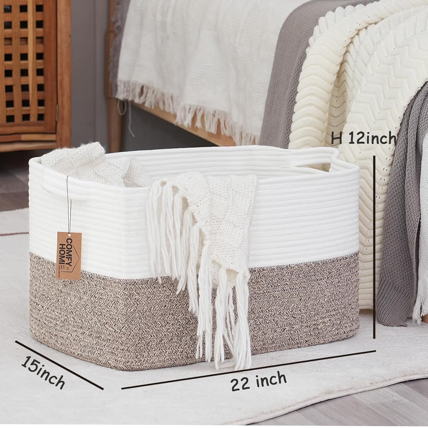 COMFY-HOMI Large Laundry for Organizing|Rectangle Cotton Rope Storage with Handles|Blanket for Living Room|Woven Laundry for Towels, Toys, Clothes-22x15x12”-White/Brown