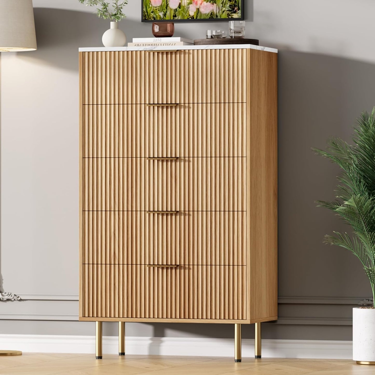 Fluted Wood Dresser 5 Drawers Dresser for Bedroom, Modern Chest of Drawers, Tall Brown Dresser with Faux Marble Top and Gold Handle, Wood Drawer Organizer for Bedroom, Living Room, Hallway, Entryway