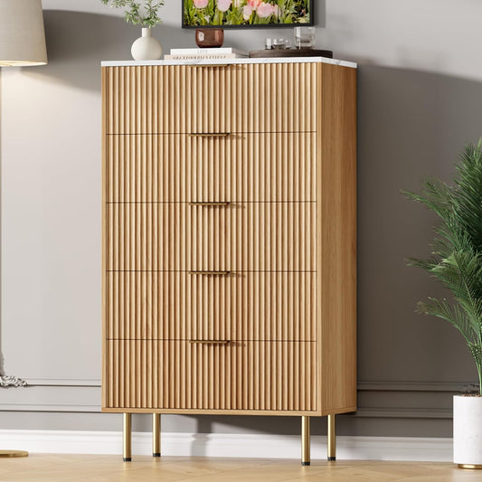 Fluted Wood Dresser 5 Drawers Dresser for Bedroom, Modern Chest of Drawers, Tall Brown Dresser with Faux Marble Top and Gold Handle, Wood Drawer Organizer for Bedroom, Living Room, Hallway, Entryway