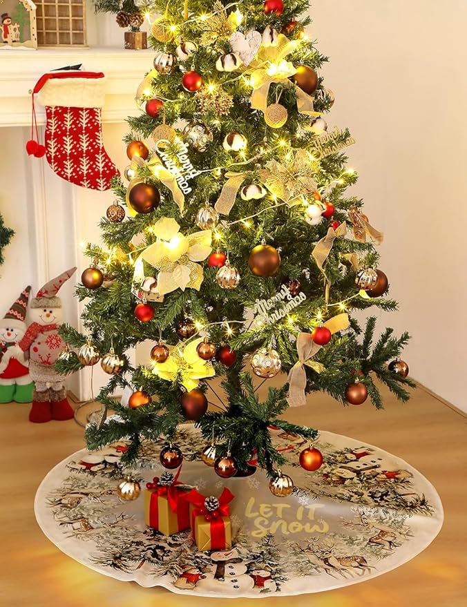 Christmas Tree Skirt 48 Inch, Snowman and Reindeer Design, Thick Flannel Fabric, Rustic Farmhouse Xmas Tree Skirt for Holiday Christmas Decorations