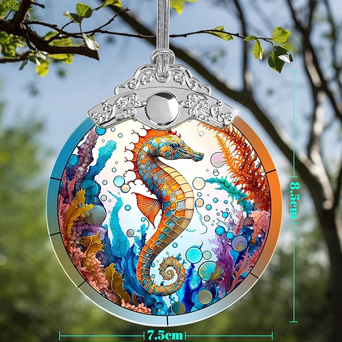 Stained Glass Christmas Ornament, Jocidea Seahorse Christmas Decorations, Christmas Tree Ornament, Seahorse Lovers Gifts, Holiday Decor and Xmas Gifts Ideas