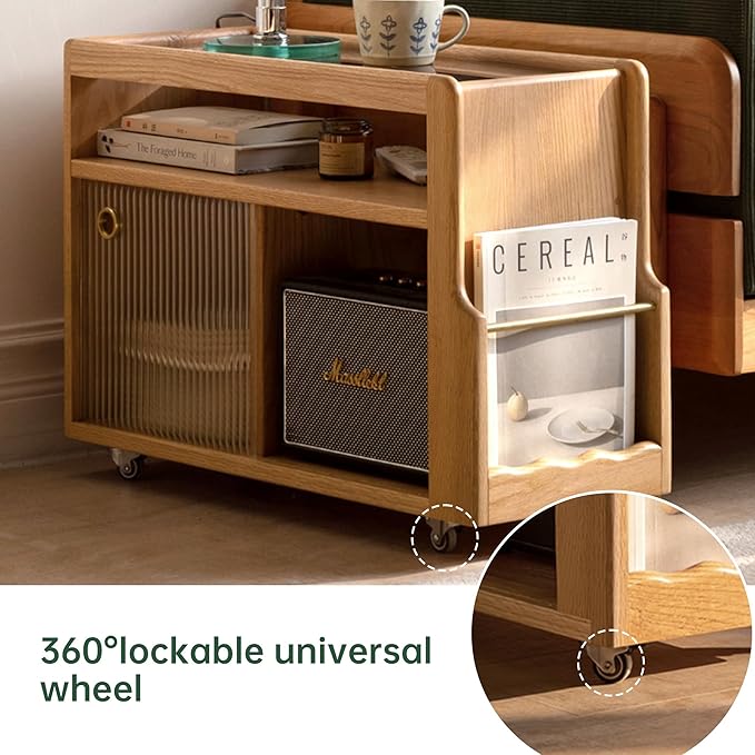 Solid Wood Side Table with Wheels, Narrow Side Table with Storage, Rolling Bedside Table for Bedroom Living Room Dining Room(Natural, 27.95" D x 11.42" W x 19.88" H)