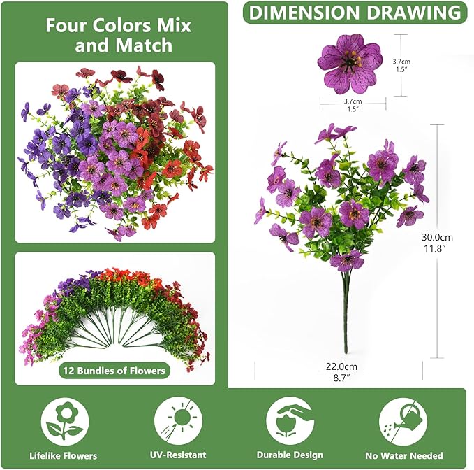 Artificial Flowers for Outdoors, 12 Bundles Multicolor Silk Fake Flower for Spring Summer Decoration, UV Resistant No Fade Artificial Outdoor Plants for Home Planter Porch Patio Yard Decor