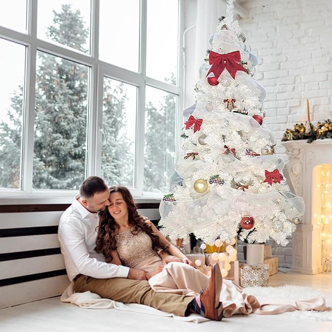 BESTHLS 9 feet White Christmas Tree Artificial Pine Christmas Tree with Metal Stand and Ribbon Decorations 1850 Branch Tips for Indoor Outdoor （9ft White）