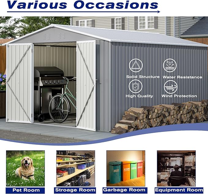 8 * 12 FT Outdoor Storage Shed with Floor Frame Heavy-Duty Metal Sheds & Outdoor Storage with Vents, Sloping Roof and Lockable Doors Waterproof Garden Tool Shed for Backyard Patio Lawn, Grey