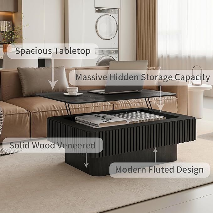 38.6" Lift Top Coffee Table, Modern Fluted Tea Table with Hidden Storage for Living Room, Apartment or Office, Black
