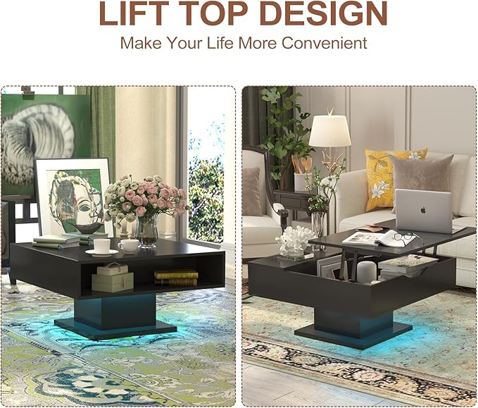 Square Lift Top Coffee Table with Storage, Black Led Coffee Table for Living Room with Large Hidden Storage, 30.7" Wood Table Led Center Table for Dining Reception Room
