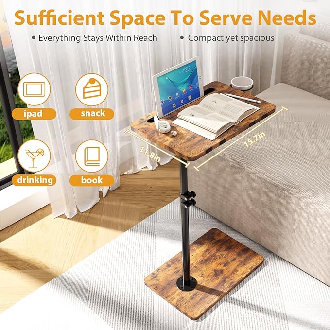 TV Tray Table, Adjustable C Shaped End Table for Couch, 360°Swivel Couch Side Tables That Slide Under Couch Desk Tray Tables for Small Space Sofa Bed Living Room Bedroom Bedroom(Rustic)