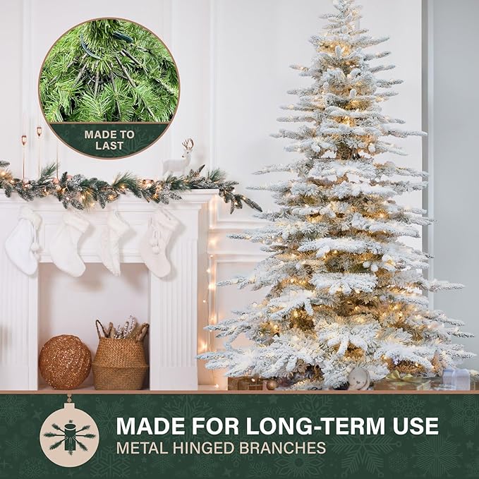 Fraser Hill Farm 10-Ft. Pine Valley Flocked Artificial Christmas Tree with White Incandescent Smart Lights and Stand, Prelit Foldable Fake Tree with Realistic Snowy Foliage for Home Decoration