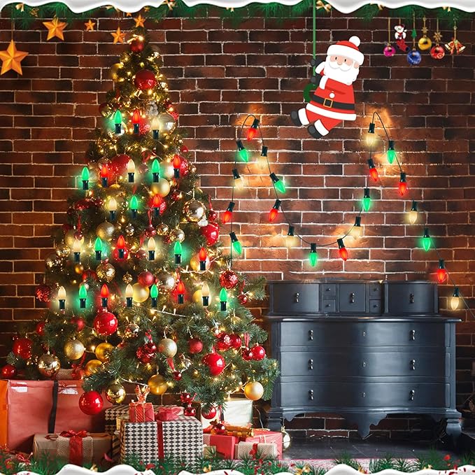C9 Red Green White Christmas Lights, 25FT Multicolor Christmas Decorations String Lights with 26 Ceramics Bulbs, Connectable Vintage Xmas Tree Decor for Indoor Home Outdoor Patio Holiday Party Garden