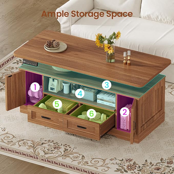 SEDETA 47.2" Electric Standing Coffee Table with Storage, Farmhouse Lift Top Coffee Table with Drawers and Open Shelves, Height Adjustable Tables with Power Outlet, for Living Room, Brown