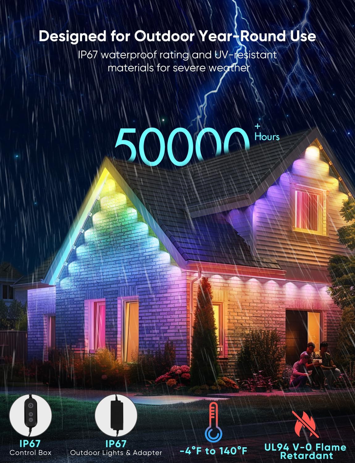 Permanent Outdoor Lights Pro 200ft, RGBCW Smart Eaves Lights with 144 LED Lights, Dual Lens, Cuttable, 111 Scene Modes, IP67 Waterproof Lighting for Holiday Decoration, Work with Alexa, White