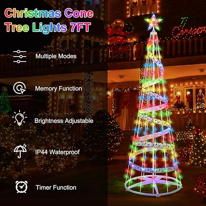 [11 Modes & Timer] 7 FT LED Christmas Tree Cone Lights Color Changing, 216 LED Outdoor Christmas Cone Tree with 11 Modes Timer Remote for Indoor Outside Yard Porch Xmas Decor Multicolor & Warm White