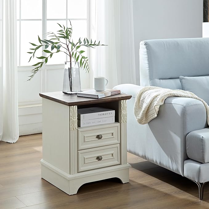 Farmhouse Nightstand wtih Charging Station, 20" End Table with 2 Drawers, Night Stand Side Table Storage Cabinet with Carved Pilasters for Bedroom, Wood Rustic, Antique White