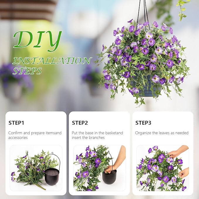 Artificial Flowers Artificial Petunias for Outdoors 2PCS Artificial Hanging Plants Outdoors Silk Flowers with Stems Outdoor Flowers Uv Resistant for Porch Decor Terrace Decor（Purple with Pot）