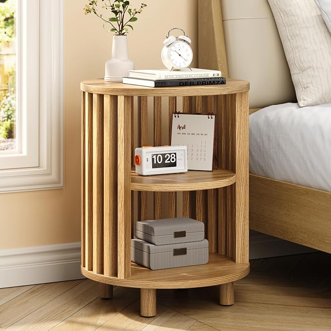Round End Table, Wood Bedside Table, Mid Century Modern Nightstand with Open Storage Shelf, 3 Tier Small Side Tables for Living Room, Bedroom, Curved Profile Design, Natural Oak(1-Pack)