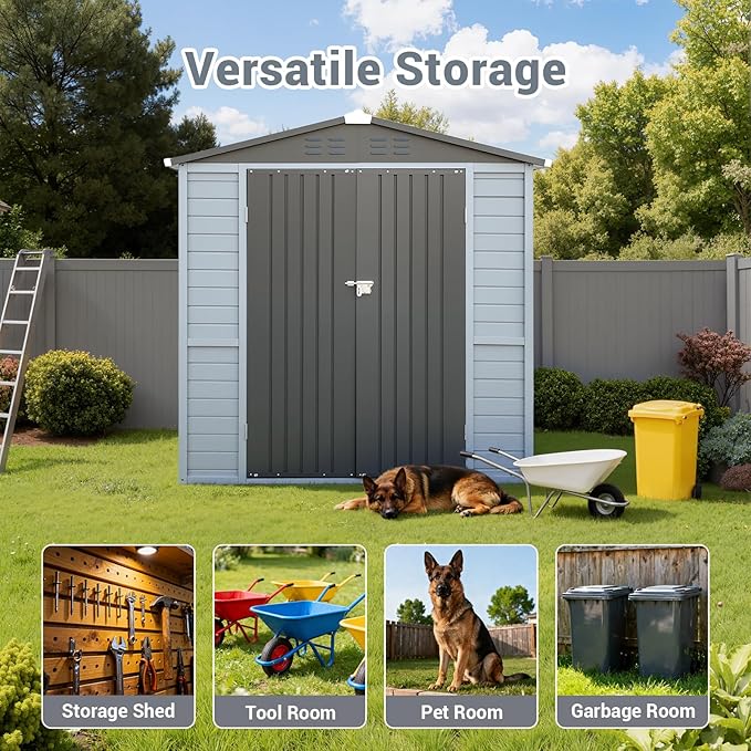 4x6FT Wood & Metal Outdoor Storage Shed, Tool Shed with Sloping Roof and Lockable Door, Shed for Backyard Garden Patio Lawn