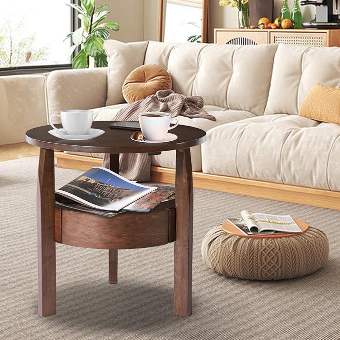 Round Coffee Table with Storage and Hidden Drawer - 20" D x 20" H Natural Wood Side Table with Sliding Drawer, Small Coffee Table for Living Room, Round Nightstand with Drawer, Dark Brown
