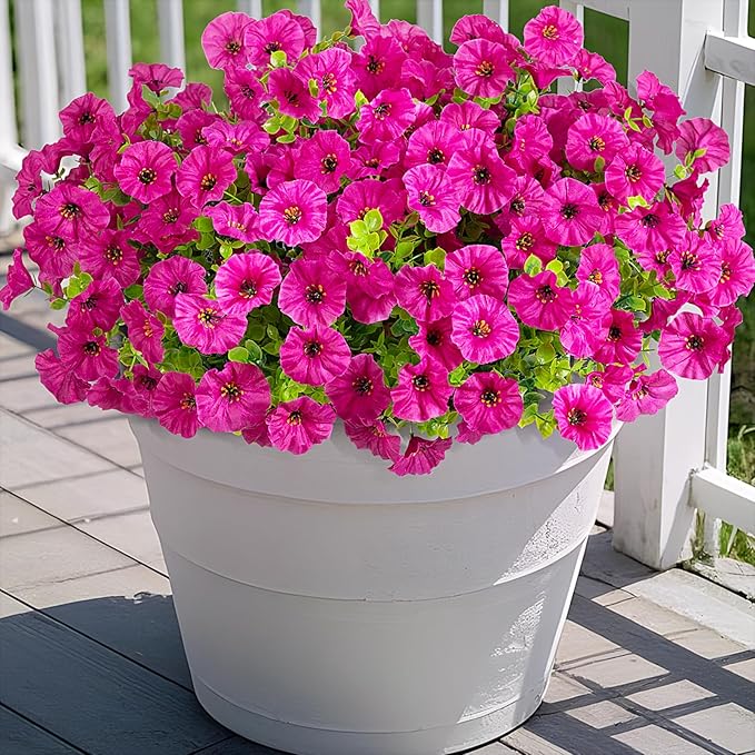 Artificial Flowers for Outdoors Decoration, 10 Bundles Fake Plastic Flower Plant, Faux Colorful Silk Morning Glory Eucalyptus for Outside Garden Porch Front Door Decor, Purple