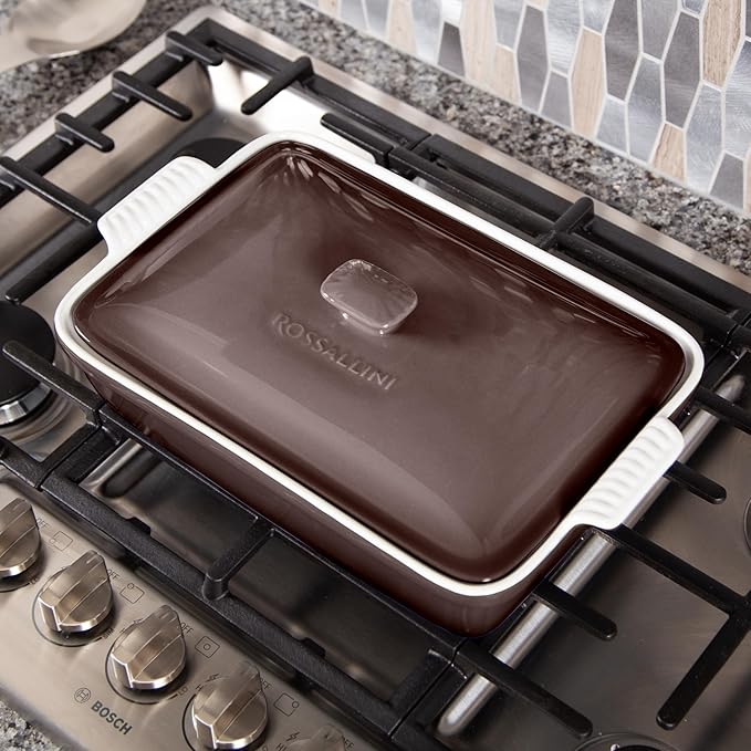 Stoneware Casserole Dish Bakeware Set with Lid, Covered Rectangular Dinnerware, Large 3.2 Quart, 11 by 9 Inch [Oyster Grey]