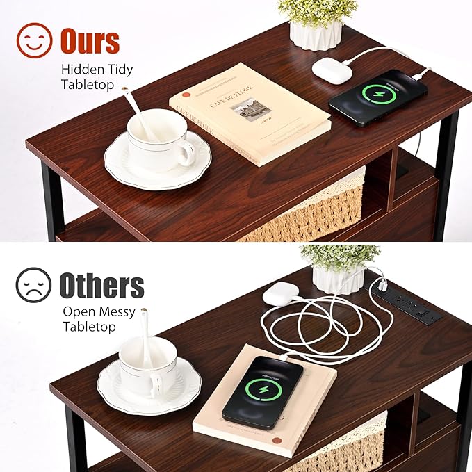 Livofloral Narrow Side Tables with Charging Station, Narrow End Table with Wooden Drawers, USB Ports and Power Outlets, Nightstand and Bedside Table for Bedroom, End Tables Living Room, Espresso