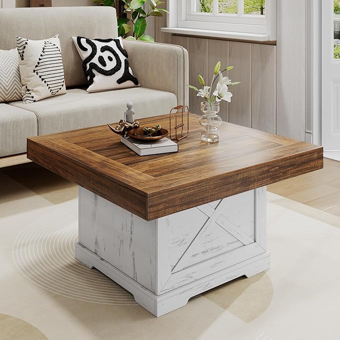 Coffee Table 31.5 in Farmhouse Center Table with X Design Wooden Pedestal for Living Room, Small Square Home Office Tea Accent Table for Dining Room Apartment, Antique White