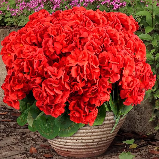 6 Bundles Artificial Flowers for Outdoors, Faux Geraniums Realistic Red Christmas Flowers, Faux Plants Outdoor UV Resistant for Garden Patio Porch Window Box Home Indoor Outdoor Decor (6, Red)