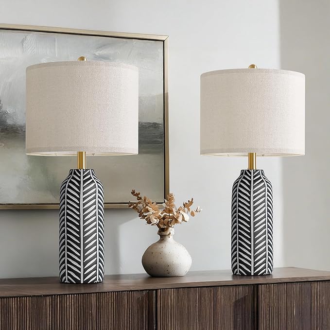 BOBOMOMO 26" Farmhouse Black Table Lamps Set of 2 – Rustic Resin Lamps with Vintage Leaf Pattern and Linen Shades, Black Bedside Lamps for Bedroom, Living Room, Office, Entryway, Console Table