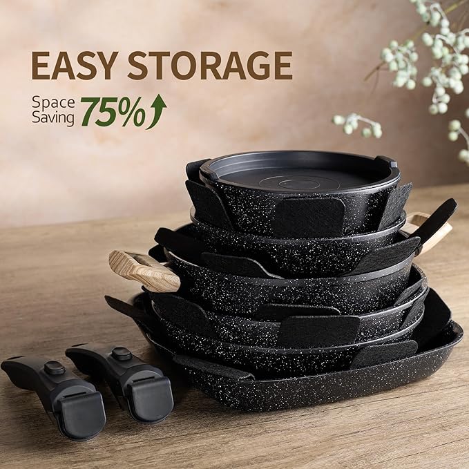 23PCS Ceramic Nonstick Cookware Set, Nonstick Detachable Handle Ceramic Cookware, Induction Kitchen Cooking Set with Removable Handle,include Frying Pans & Saucepans Oven Safe(Black)