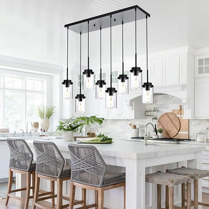 MELUCEE 8 Lights Linear Chandelier Lighting Black Island Light for Kitchen, 31.5 Inches Cluster Pendant Light Fixtures Hanging Foyer Lighting Dining Room Lights with Clear Glass Shade