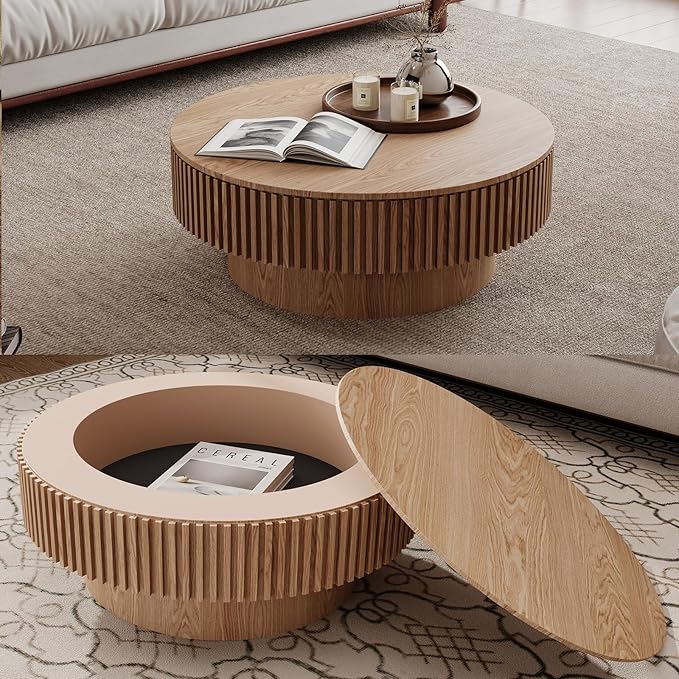 31.5" Round Coffee Table with Hidden Storage Compartment, Modern Handcraft Fluted Drum Coffee Table, Wooden Circle Center Table Cocktail Tea Table with Sturdy Pedestal for Living Room,Natural