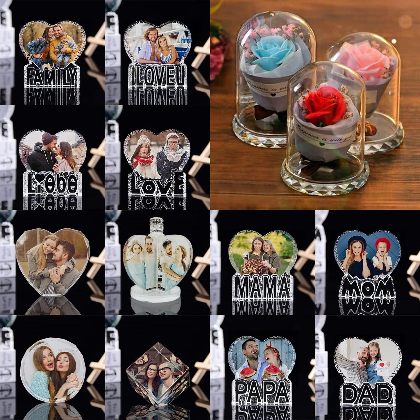 Heart-Shaped Photo Customization Night Light Personalized 3D Crystal Lamp 7 Color Light Rose Bluetooth Rotation Crystal Photo Frame Best Gift for Couple Love Women Men Wedding Christmas