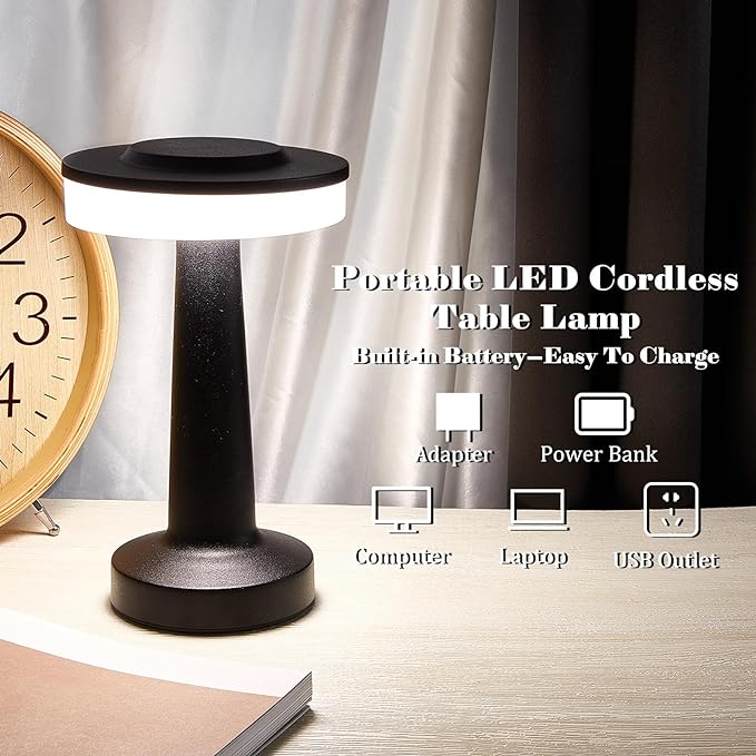 Riakrum 4 Pcs LED Portable Cordless Table Lamp with Touch Sensor 3 Color Stepless Dimming Rechargeable Battery up to 15 Hours Cordless Table Light Wireless Lamp for Nursery (Black)