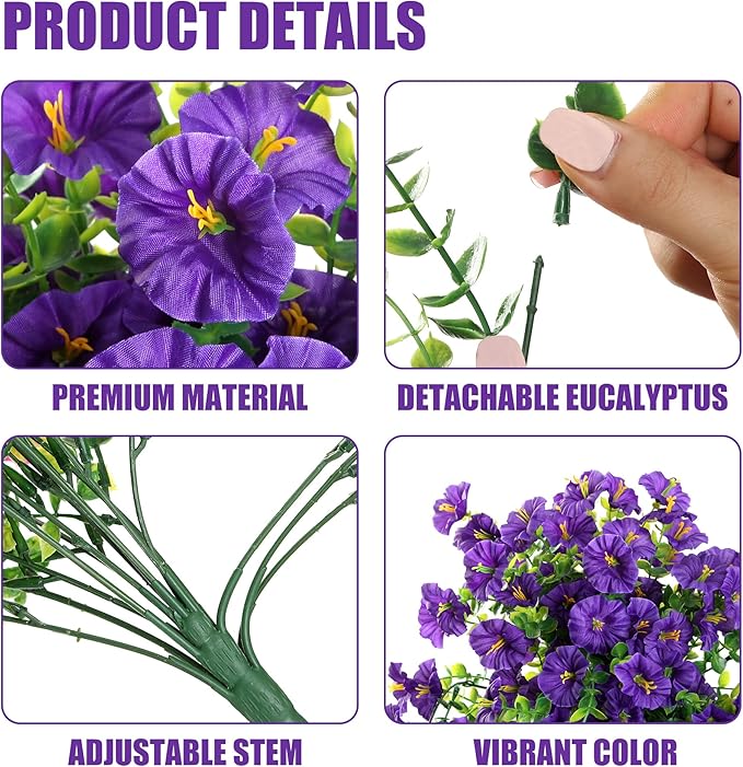 Sggvecsy Artificial Fake Hanging Flowers Plants for Outdoor Outside Spring Summer Decoration 2PCS Faux Silk UV Resistant Realistic Morning Glory with Eucalyptus for Home Porch Patio Balcony(Purple)