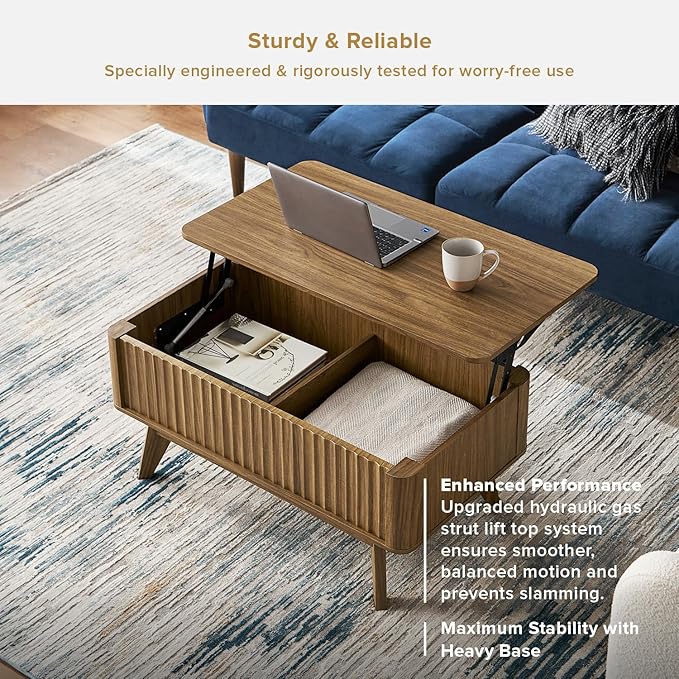 mopio Brooklyn Lift Top Coffee Table for Living Room, Mid Century, Modern Farmhouse with Lifting Tabletop & Hidden Storage, Fluted Panel, Rising Pull Up Dining Table (Walnut)