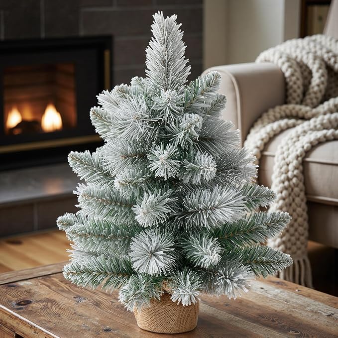 1FT Unlit Snow Flocked Artificial Holiday Christmas Tree No Lights, Full Hinged Spruce Branch Tips for Home, Office, Party Decoration No Prelit Foldable Base