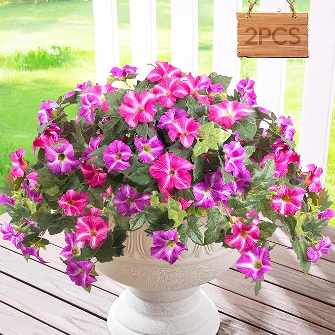 Artificial Fake Flowers Plants for Outdoors Decoration 2PCS No Fade Faux Petunias UV Resistant Realistic Silk Flowers for Home Garden Balcony Yard Porch Deco (Fuchsia)