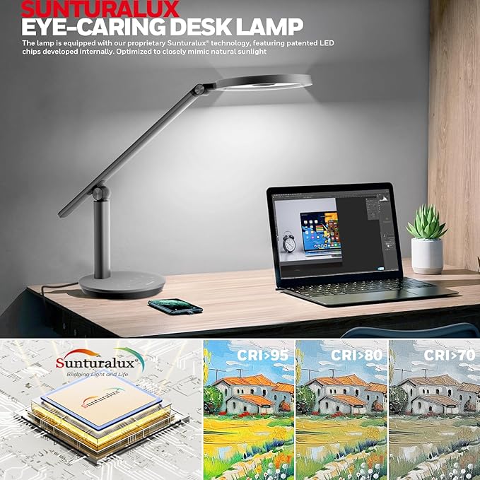 Honeywell Desk Lamp for Home Office, H6 Sunturalux™ Eye-Caring Led Desk Light, 800LM Dimmable Desk Lamp with Timer, Touch Control Tall Desk Reading Light, Table Lamp for Circle Webcam, Study, Bedroom