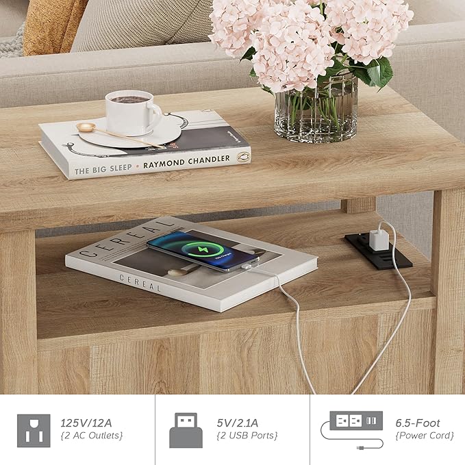 WAMPAT Set of 2 End Tables with Charging Station, Narrow Side Table Night Stand with Storage Cabinet, Wooden Nightstand with Metal Legs, Bedside Table for Bedroom, Oak