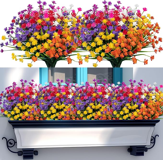 Lnoicy 10pcs Artificial Flowers for Outdoor,Plastic Flowers Decoration, UV Resistant Faux Flowers Shrubs, Artificial Plants for Indoor Outside Garden Home Wedding Farmhouse(7 Colors)
