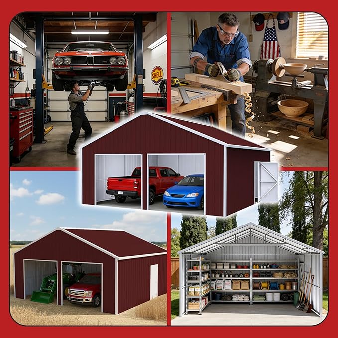 22x23 FT Outdoor Metal Garage Shed with 14-Gauge Steel Frame, 26-Gauge Panels & Side Door, Heavy-Duty Prefab Steel Building for Two Cars,Workshop, Farm Equipment & Tractor Shelter（Brown）