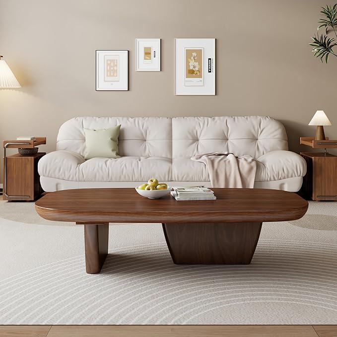 Walnut Coffee Table, Mid Century Modern Decor Low Cocktail Tea Table with Rounded Corners for Living Room, Home, Office, 51.2" Brown