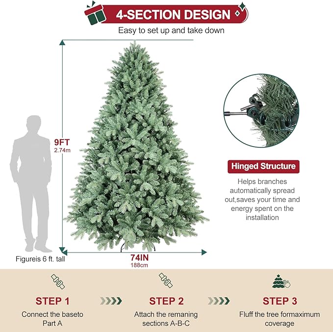 9ft Christmas Tree ，Artificial Full Christmas Trees for Home, Office, Xmas Decoration Spruce Trees with 4368 PE & PVC Branch Tips, Metal Hinges Foldable Base