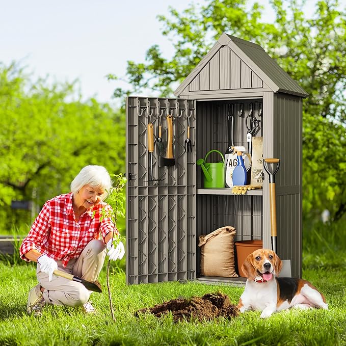 ONBRILL Multifunctional Storage Shed, Outdoor Storage Cabinet with Hooks and Lock Ring, Waterproof Outdoor Storage Shed for All Weather, Tool Outdoor Shed for Patio Lawn and Garden